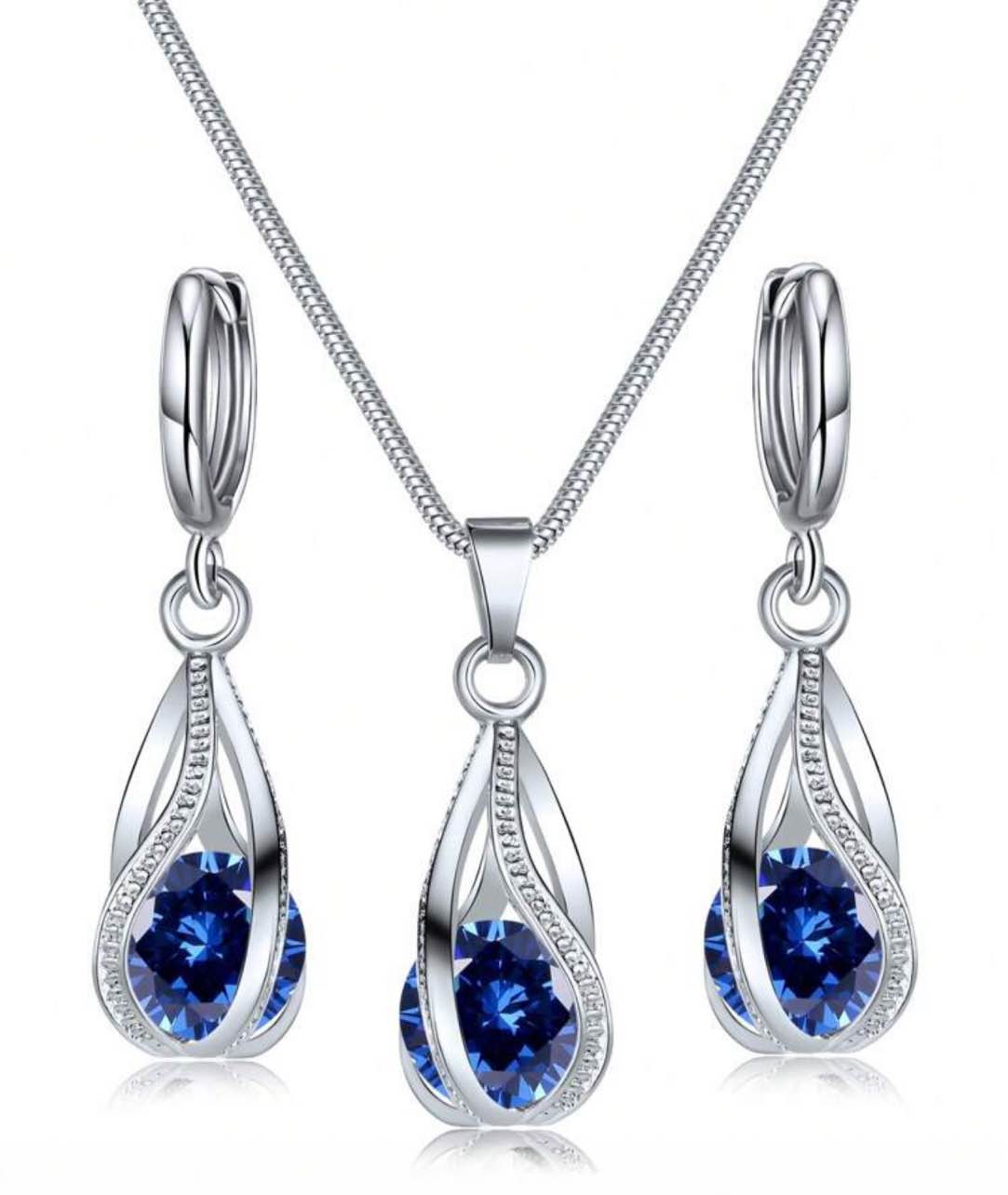 Beautiful 925 Silver Plated Blue Sapphire Necklace And Earrings Ser
