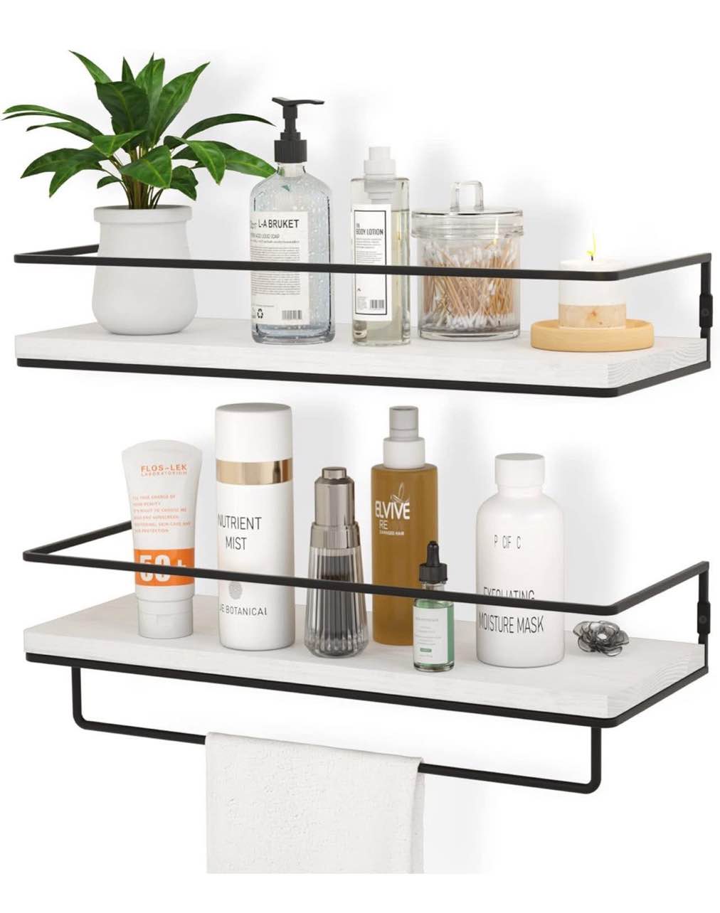 Floating Shelves for Wall Set of 2, Wall Mounted Storage Shelves with Black Metal Frame and Towel Rack for Bathroom, Bedroom, Living Room, Kitchen, Office 