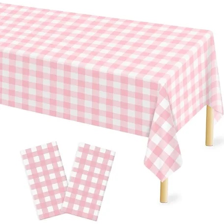Pink Gingham Tablecloth 54 × 108 Inches Pink and White Checkered Table Cloth Disposable Plastic Waterproof Tablecover for Outdoor Picnic, Holiday Dinner, Birthday Party