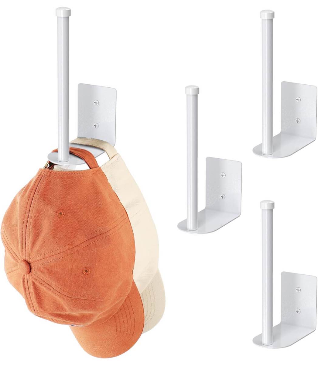4 Pack Hat Racks for Baseball Caps, Stainless Steel Hat Organizer for Baseball Cap, Hat Holder Storage Organizer, Hat Hanger Strong Adhesive/Wall Drilled for Door,Bedroom,Closet(White)
