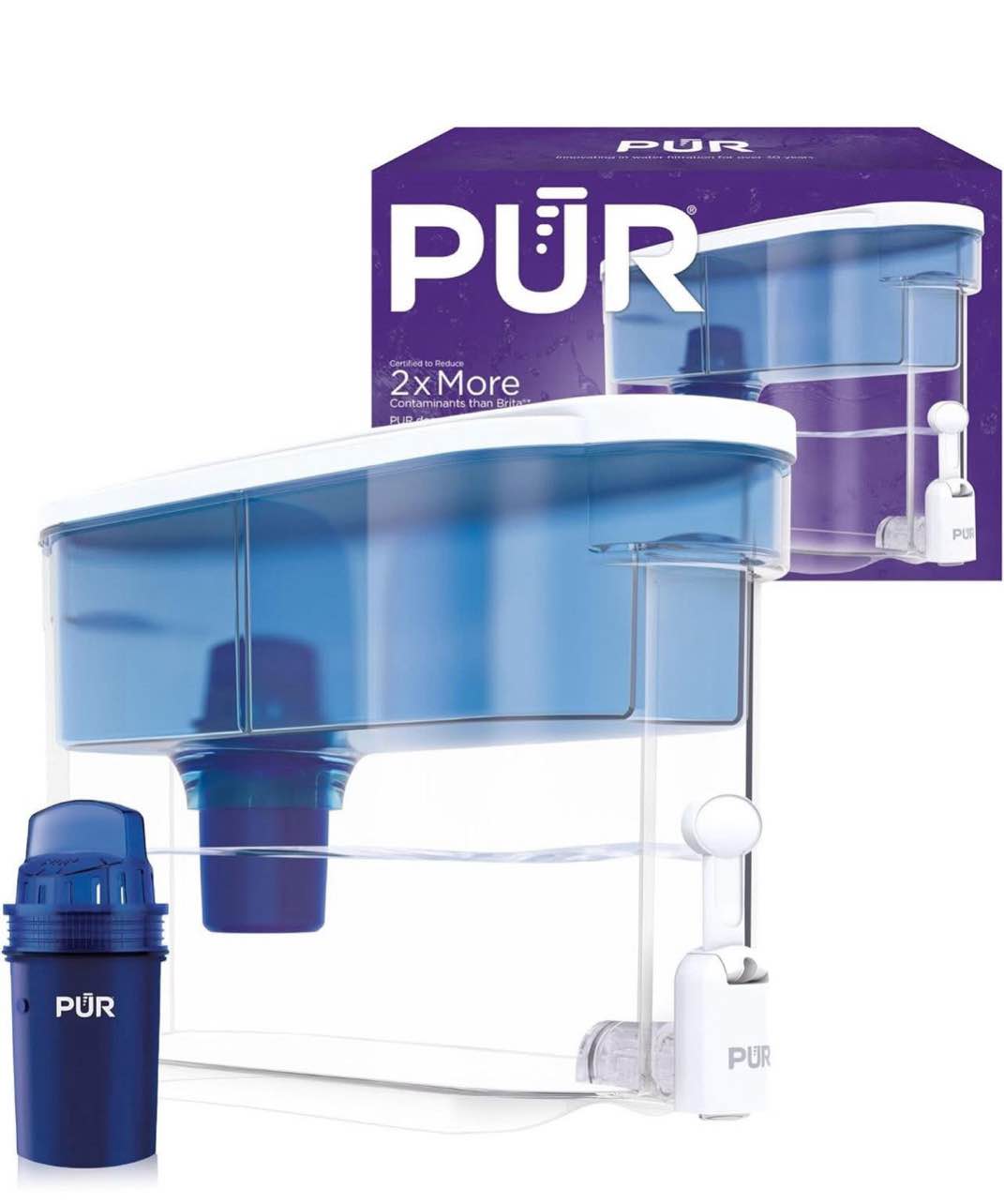 PUR 30-Cup Water Filter Dispenser with 1 Genuine PUR Filter, Large 30-Cup Capacity, 2-in-1 Powerful Filtration, BPA Free, Dishwasher Safe, White/Blue (DS1800Z)