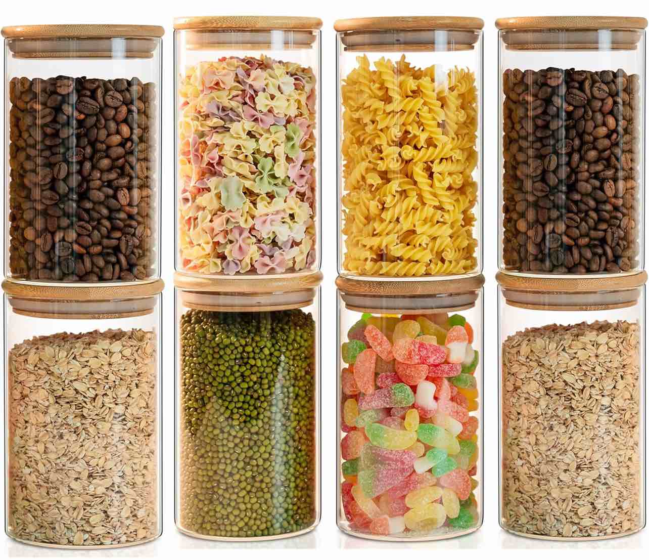 Glass Food Storage Jars Set of 8,26oz-Glass Storage Containers Clear Glass Food Canister with Bamboo Lid Airtight For Serving Tea, Coffee, Flour,Candy, Cookie, Spice(Round-8CMx15CM)