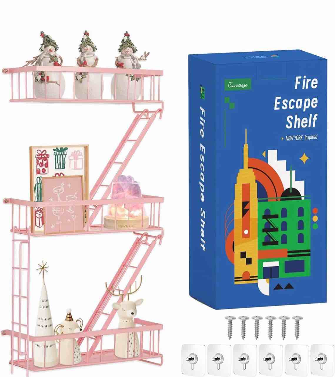 Fire Escape Shelf - Pink Wall Decor Floating Shelves, Cute Metal Ladder Shelving for Bedroom, Home Decor Display (3-Tier)