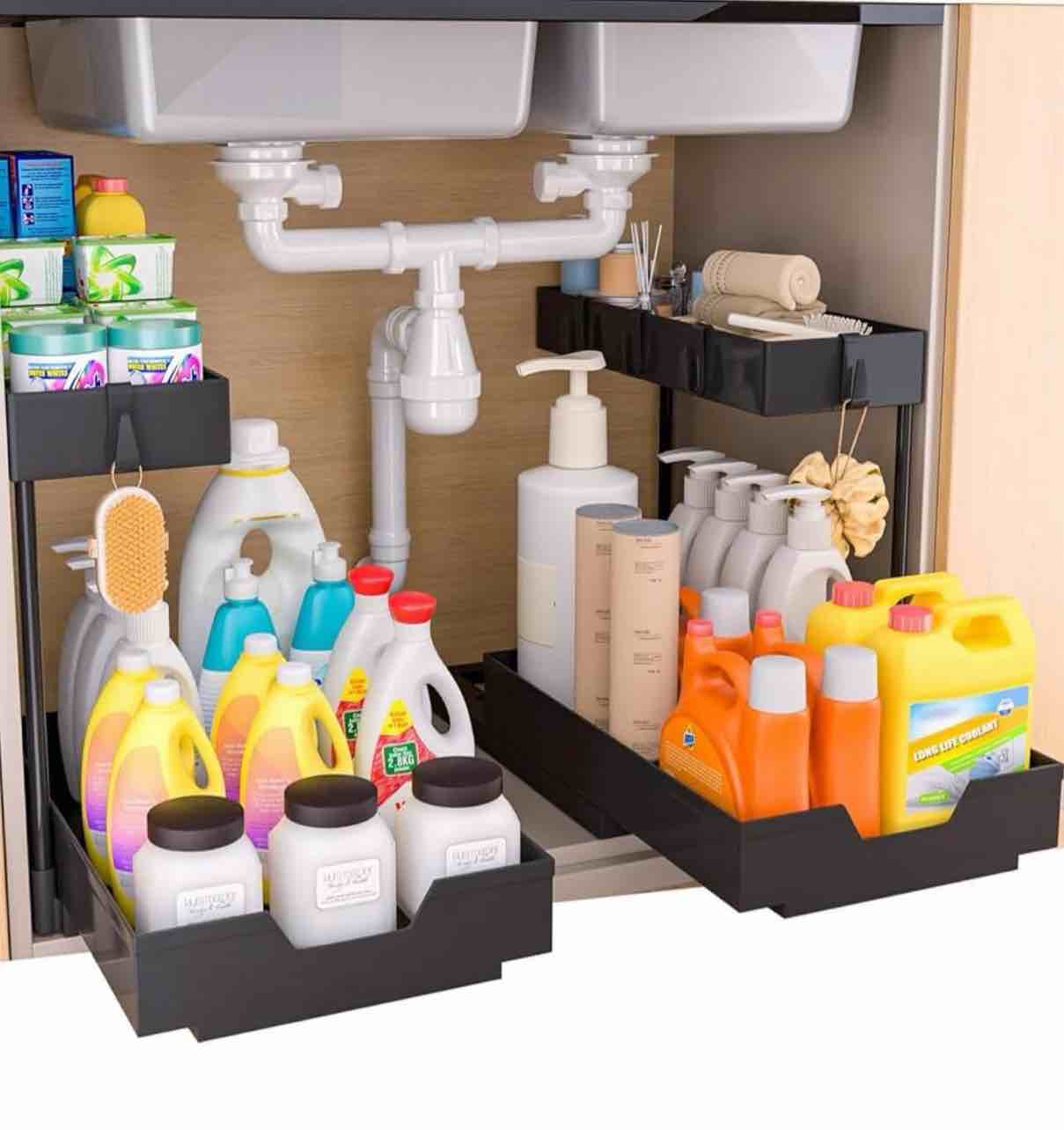 2 Pack 2-Tier Under Sink Organizer L-Shape Pull Out Cabinet Organizers