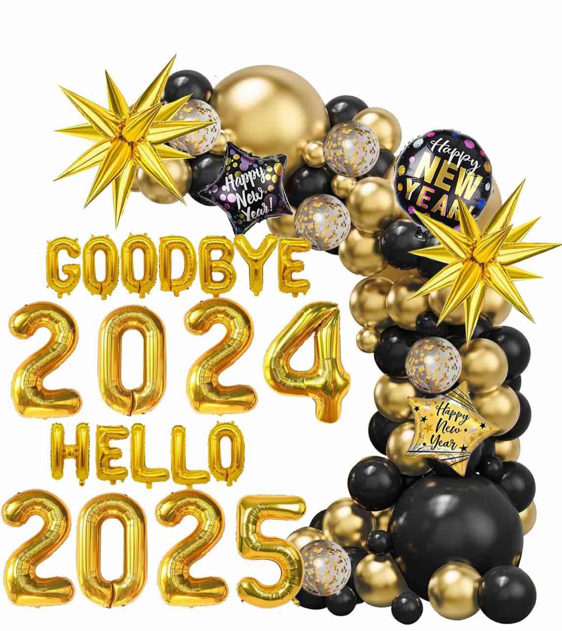 New Year Eve 2025 Party Balloons Arch Garland Kit Decorations, Happy New Year 2025 Gold and Black Party Supplies Foil Number Balloons for NYE 2025 Home Office School Party Decorations