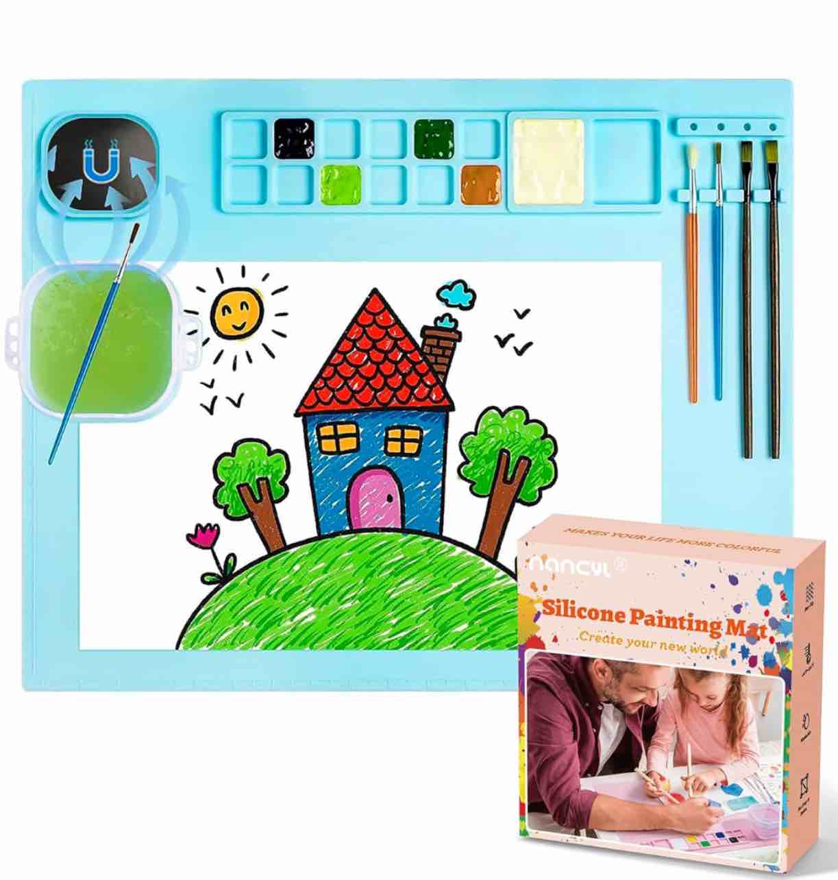 Silicone Art Mat with Cup, Painting Mat for Crafts Resin Casting, Artist Mat with Pen Holders for Kids Gift, Clay, DIY Creations and Play Doh, Christmas Gifts Box (Blue)