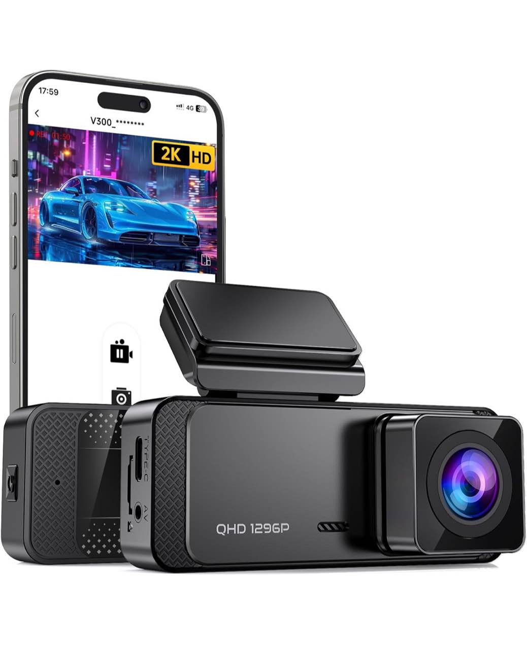 Dash Cam, 1296P Front Dashcam for Cars, Veement V300 WiFi Dash Camera with App, Night Vision, Mini Hidden Single Car Camera, 24H Parking Mode, Loop Recording, Support Up to 256GB