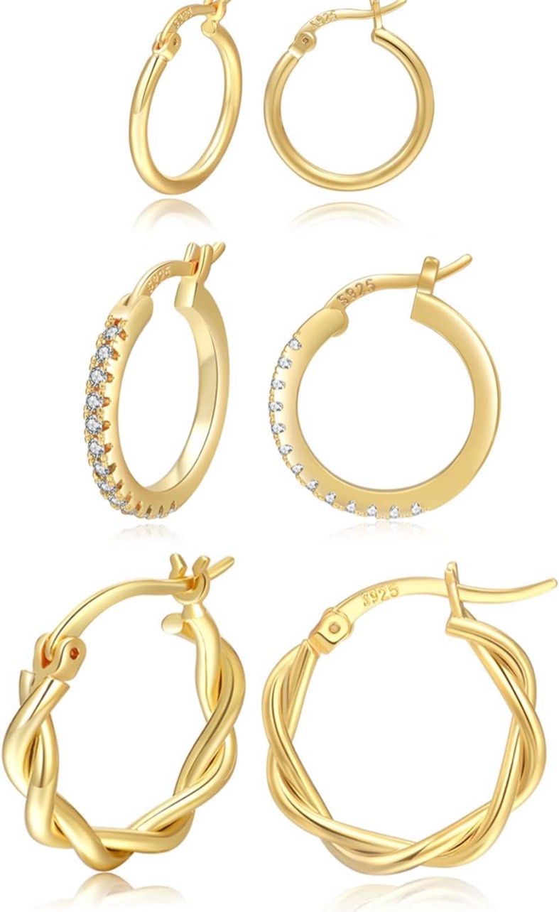 3 Pair of Gorgeous 925 Silver 18K Gold Plated Earrings 