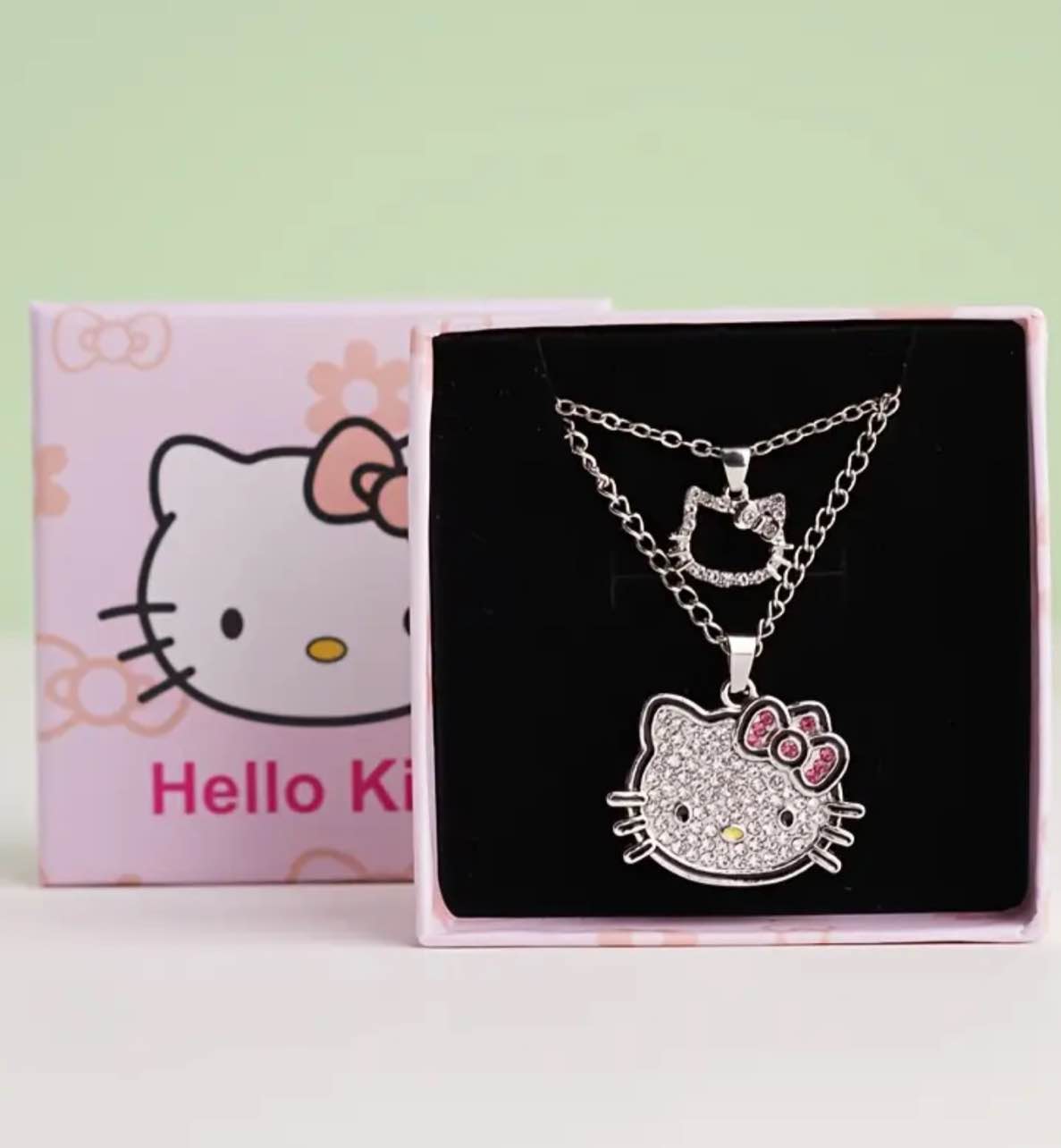 925 Silver Plated Charming Hello Kitty necklace set featuring two 