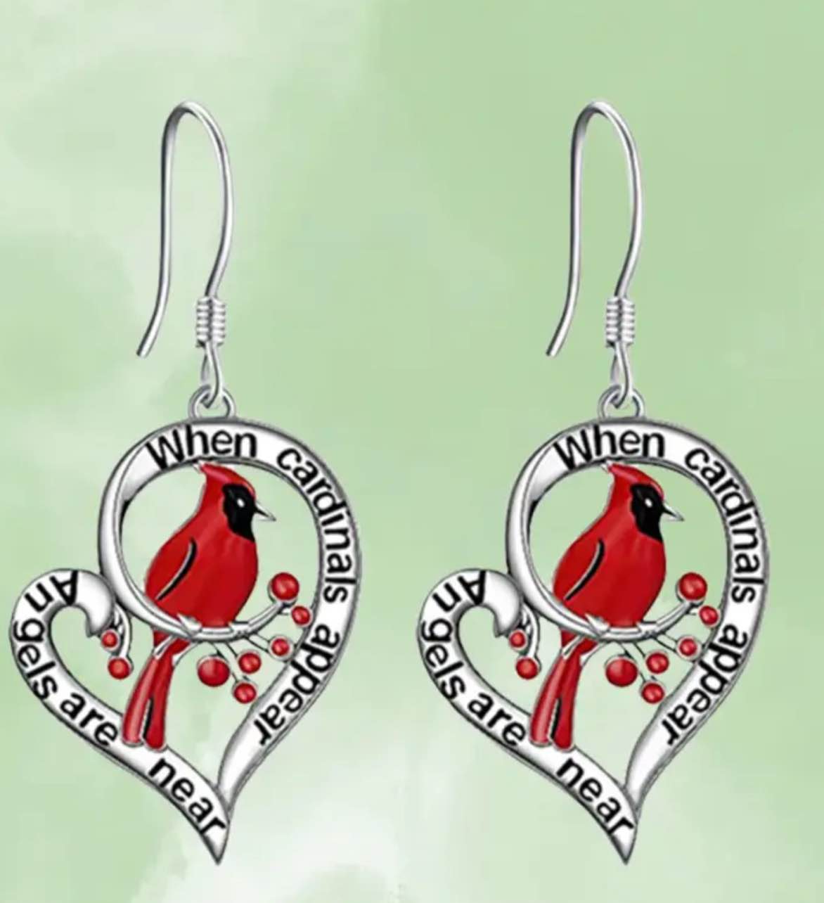 Heart-shaped 925 silver plated earrings featuring a vibrant red cardinal