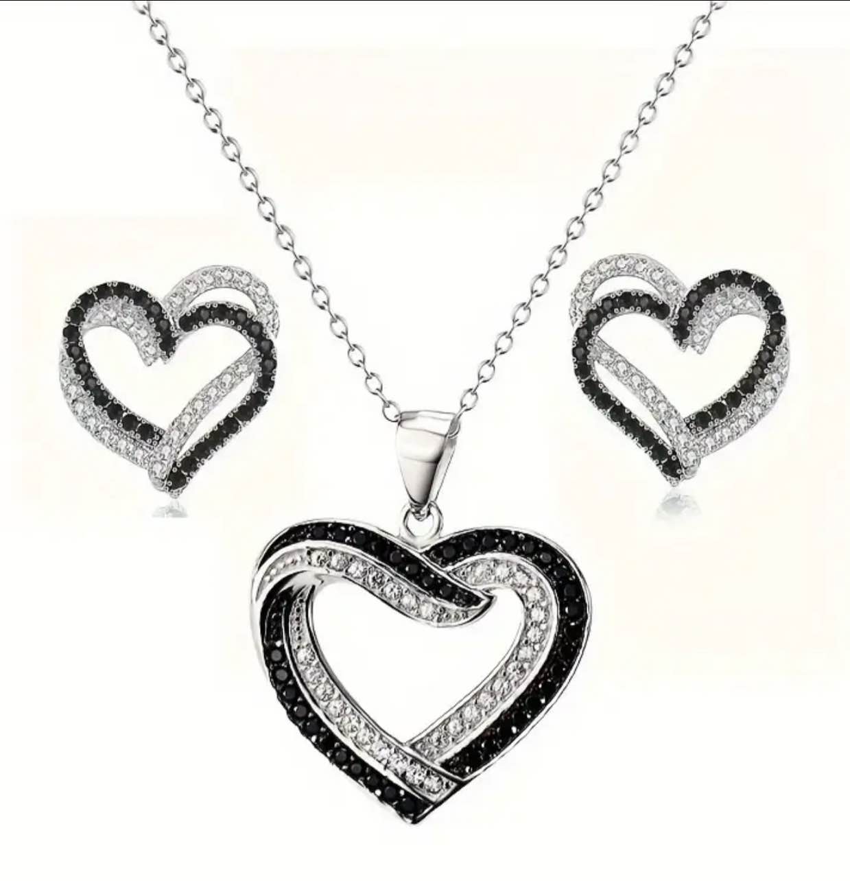 Elegant 925 silver plated heart jewelry set with sparkling black and white crystals