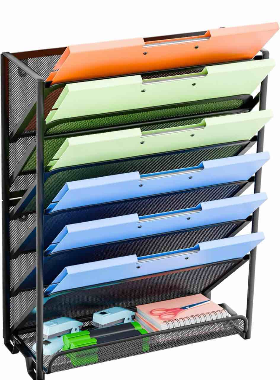 Wall File Organizer, Mesh 7-Tier Vertical Hanging File Holder, Desktop Metal Files Rack for Office and Home, Black
