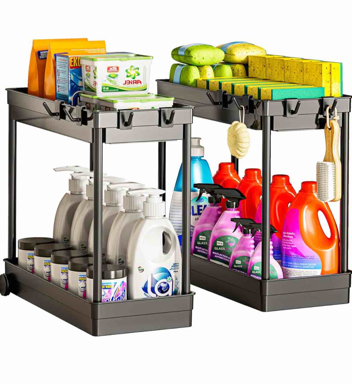 2 Pack Under Sink Organizer, 2 Tier Bathroom Cabinet Organizers and Storage with Hook, Multi-purpose Storage Basket Shelf for Kitchen, Black