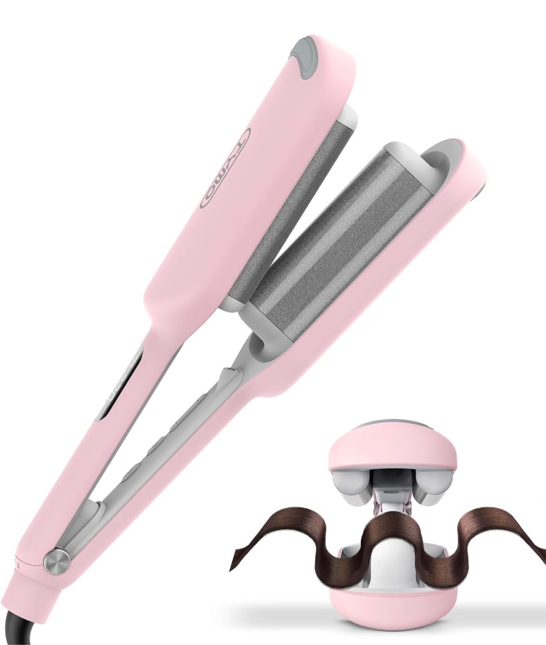 Curling Iron Hair Crimper Waver - TYMO ROVY Beach Waves Curling Wand, Ionic Deep Waver Hair Curler Tool with Ceramic 3 Barrel for Women, Dual Voltage, Anti-Scald, Easy to Use, Pink, 1.25 Inch
