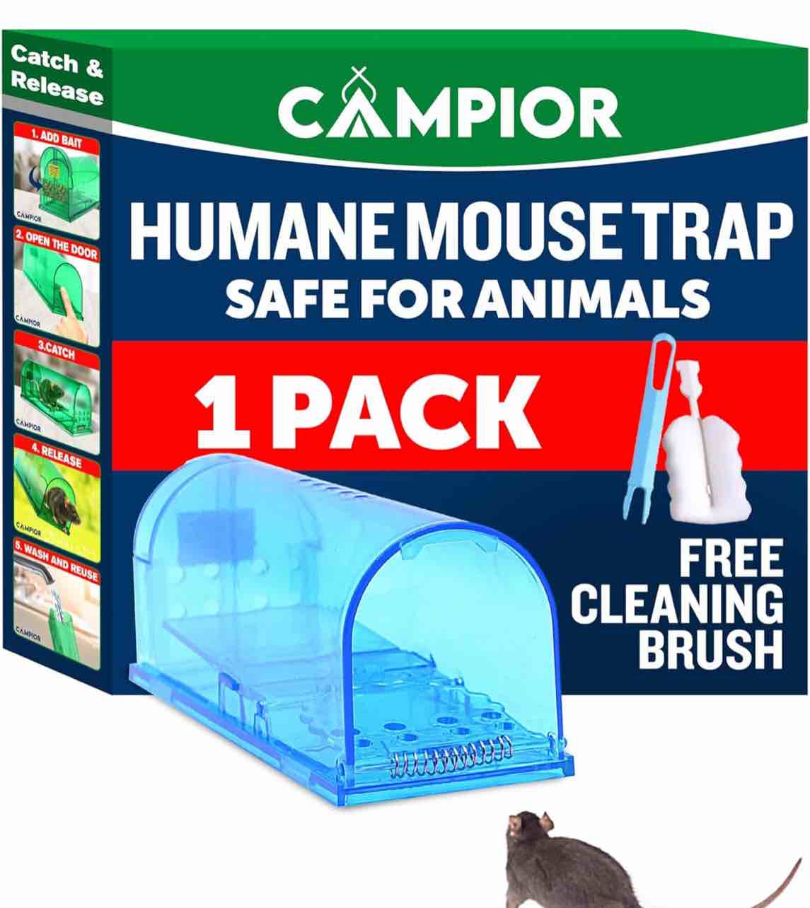 humane mouse trap for house – large, no-kill mouse traps indoor for home, catch-and-release rat and mouse trap, child & pet safe, easy to clean, no-touch release, pack of 1, blue