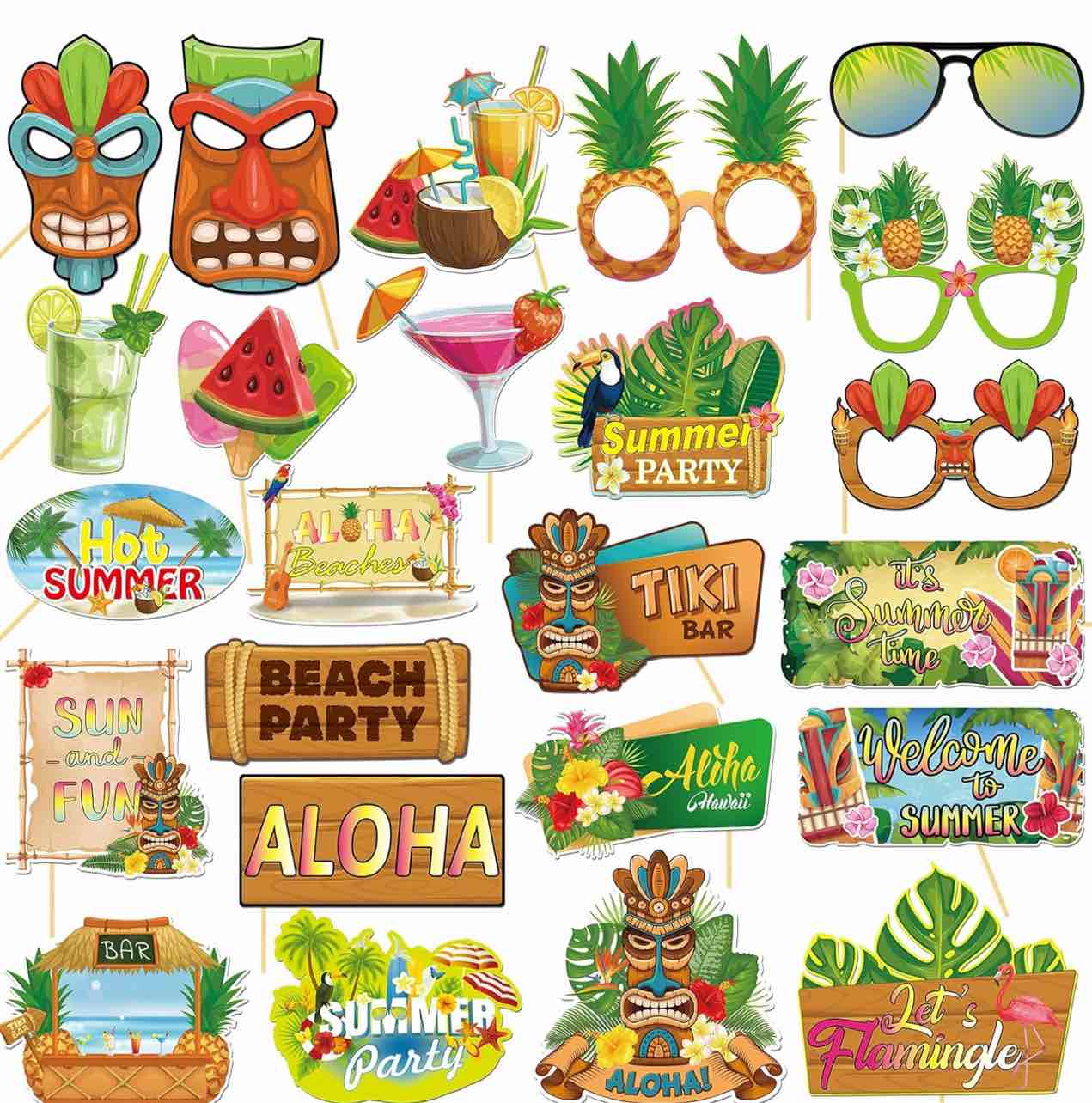 Hawaiian Photo Booth Props, 24 Pack Hello Summer Beach, Luau Photo Props Tropical Themed Birthday Party Decorations for Men Women