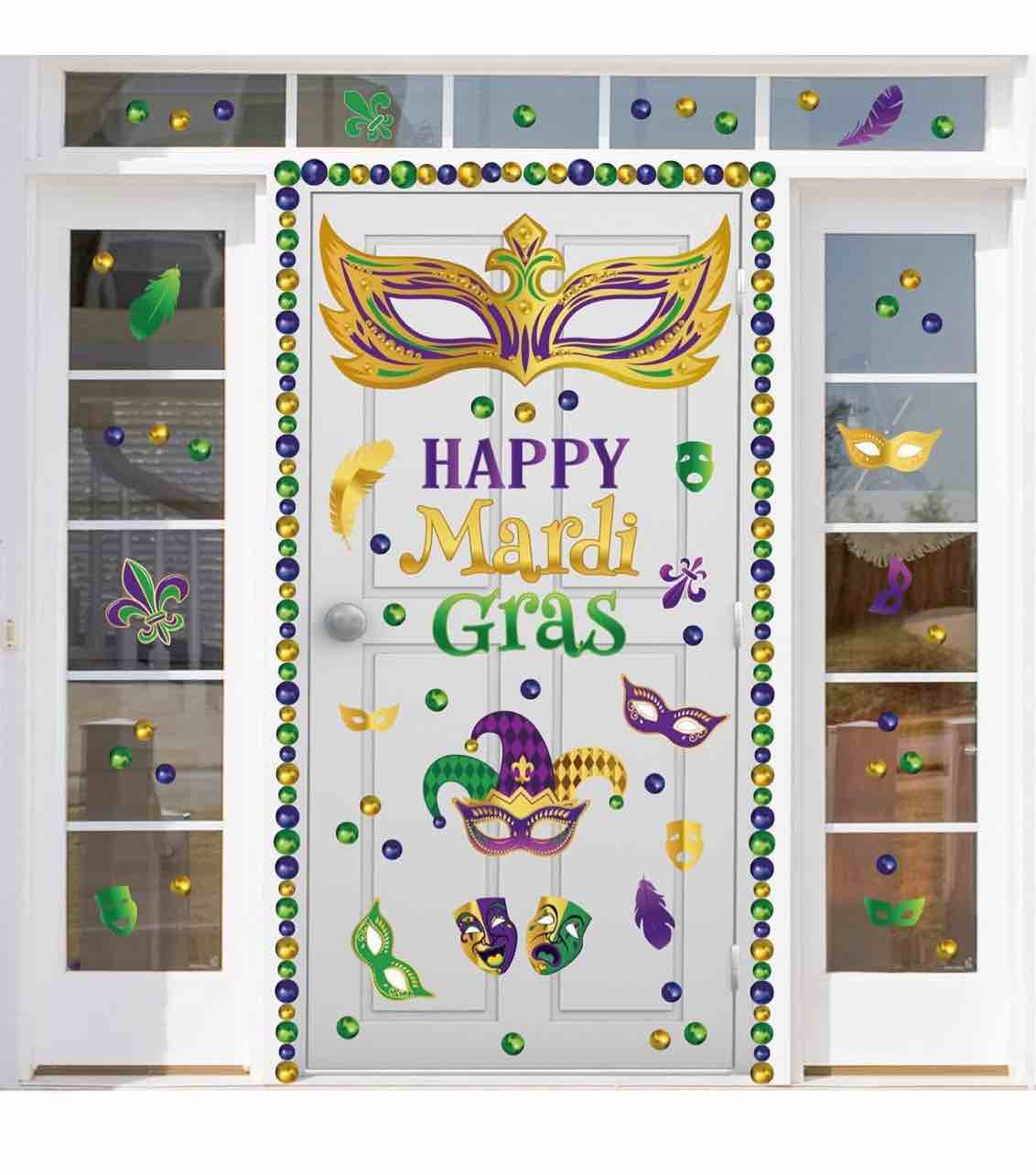 Large Mardi Gras Window Clings,Mardi Gras Wall Stickers Vinyl Decal Door Sign,Carnival Dress-up Party Supply Bulletin Board Backdrop Deccoration Craft for Classroom Door Garage