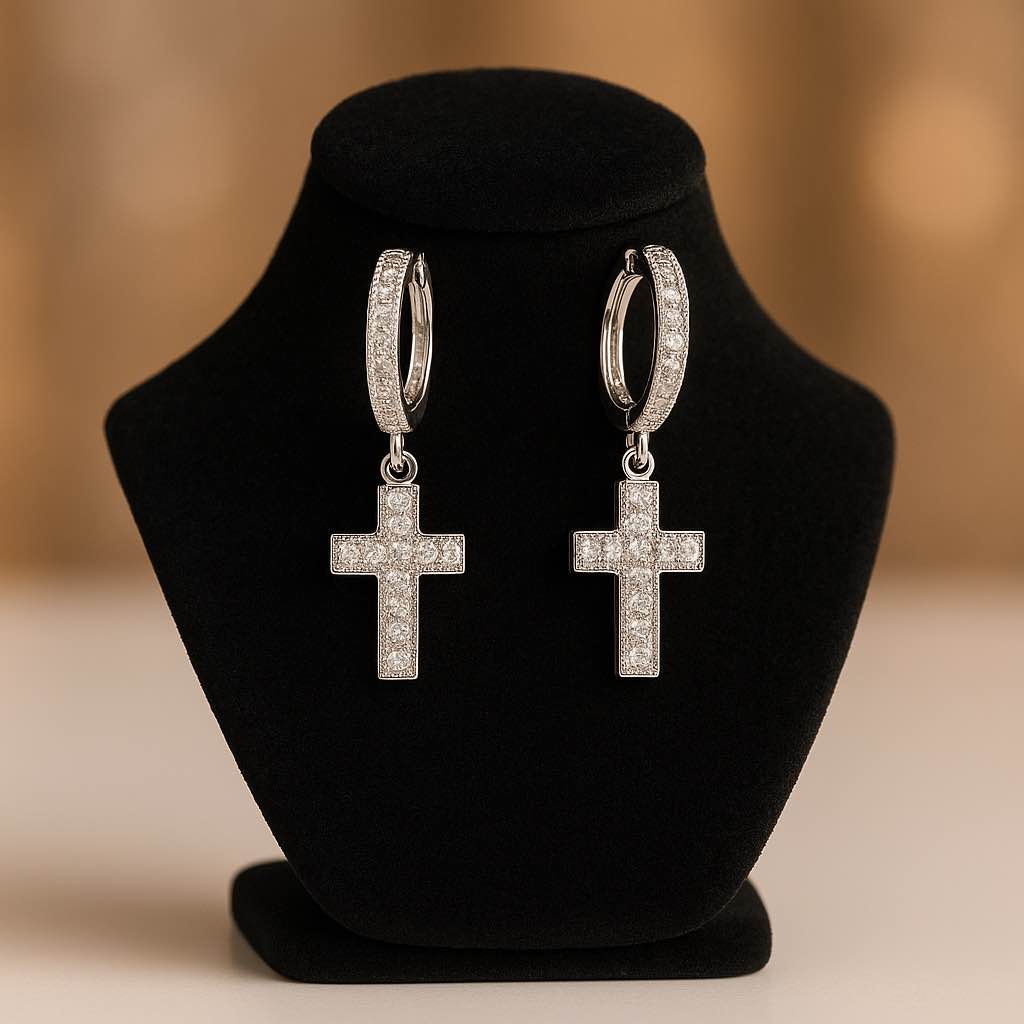 Beautiful 925 Silver Plated Cross  Sapphire Earrings