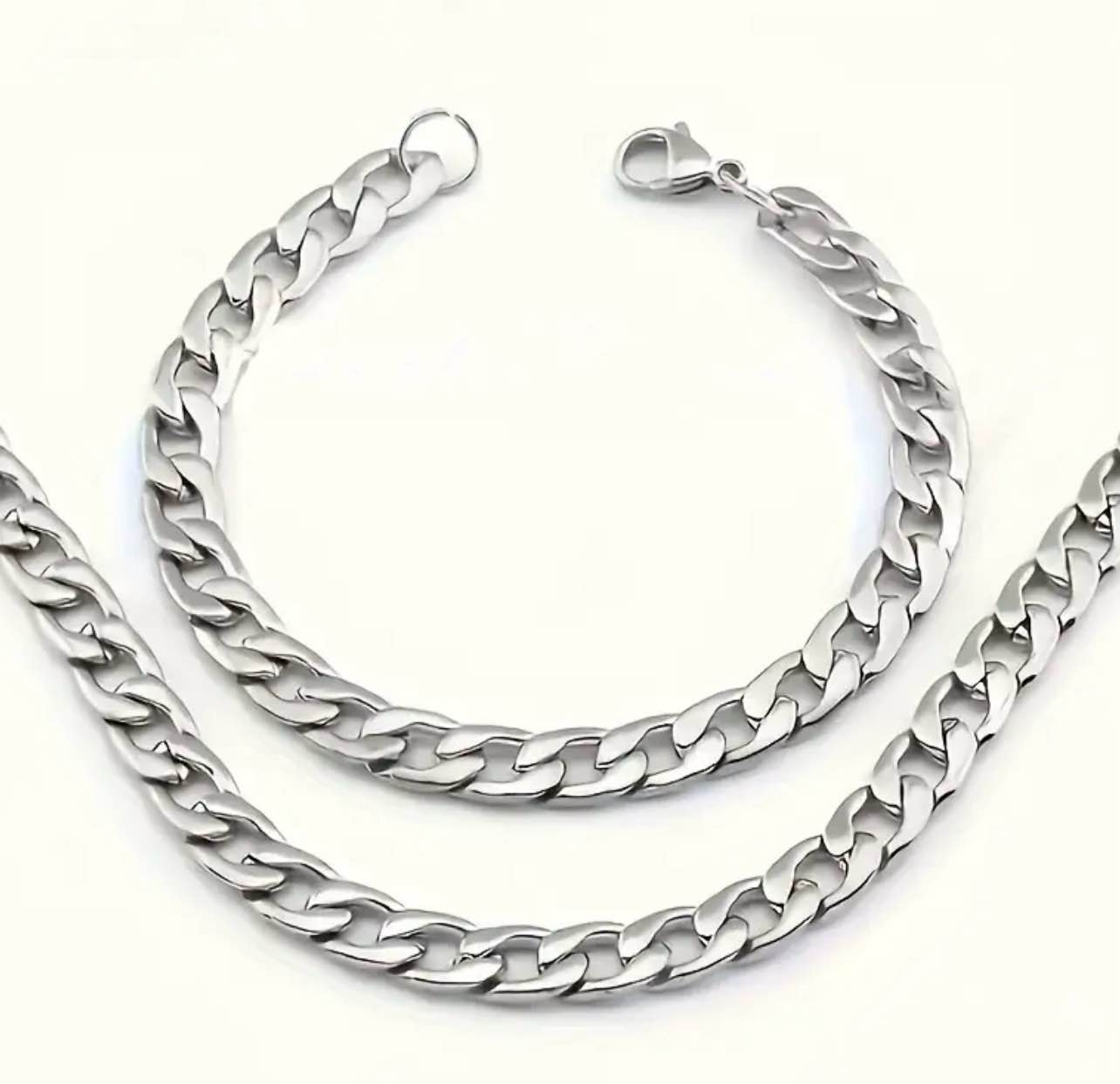 Elegant 925 silver plated Cuban link necklace and bracelet set, 