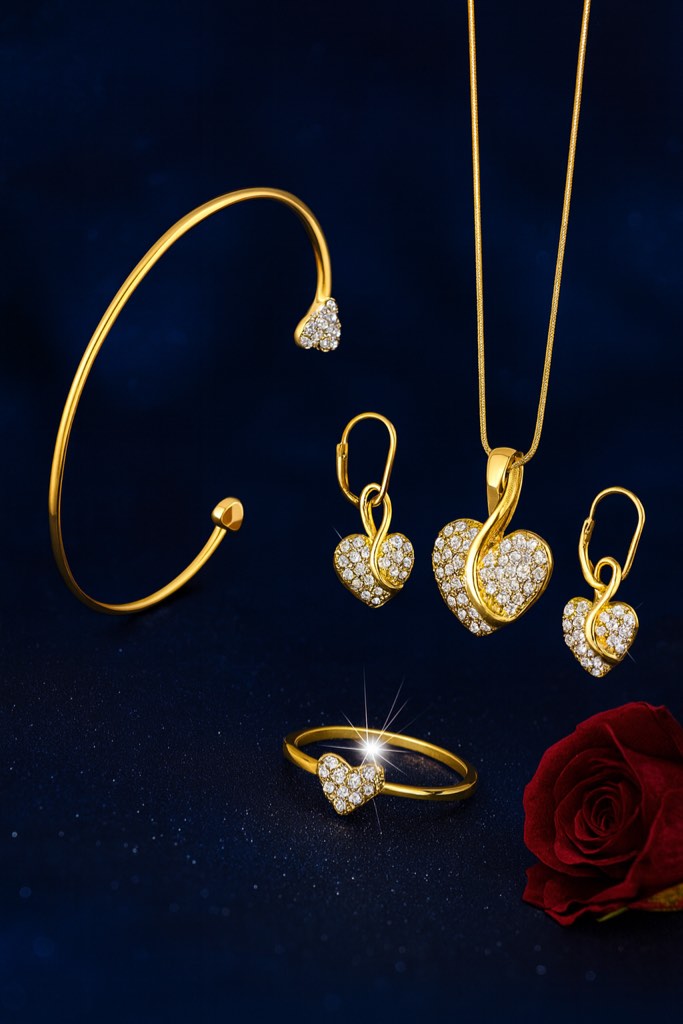 Elegant 18k gold plated set featuring sparkling heart-shaped designs 
