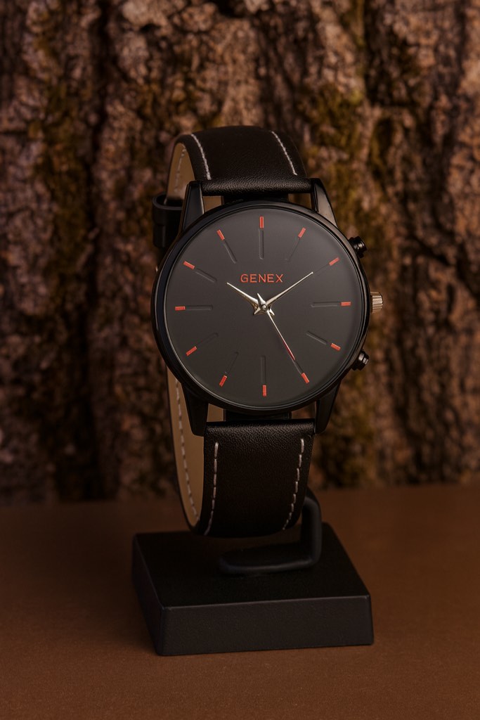 A sleek black timepiece with bold red accent watch