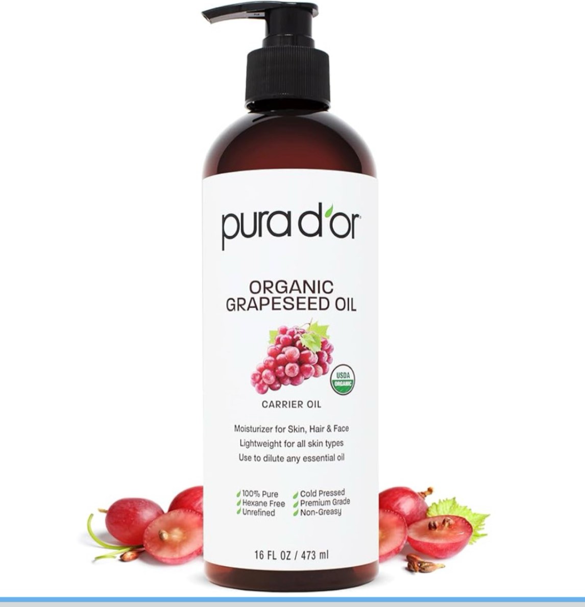PURA D OR 16 Oz Organic Grapeseed Oil - 100% Pure & Natural USDA Certified Cold Pressed Carrier Oil - Light & Silky Unscented Hexane Free Liquid Moisturizer - Face Skin & Hair - Men &