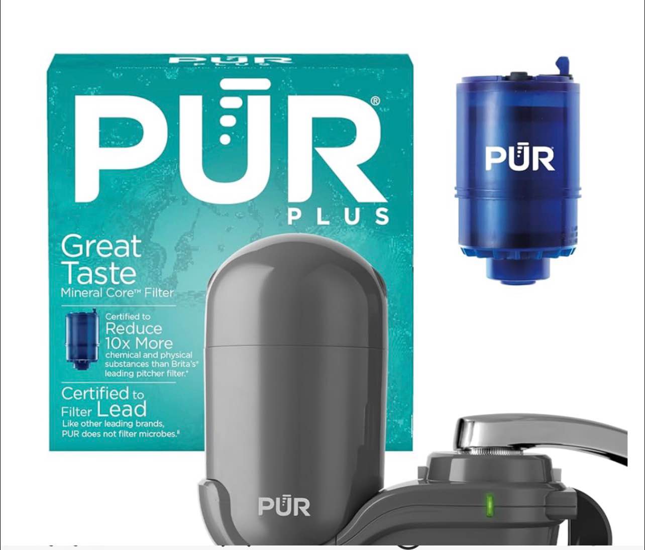 PUR PLUS Vertical Faucet Mount Water Filtration System, Lead-Reducing Filter, Great-Tasting Water, Easy Install, Lasts 100 Gallons, Compatible with Sinks with External Aerators, Chrome