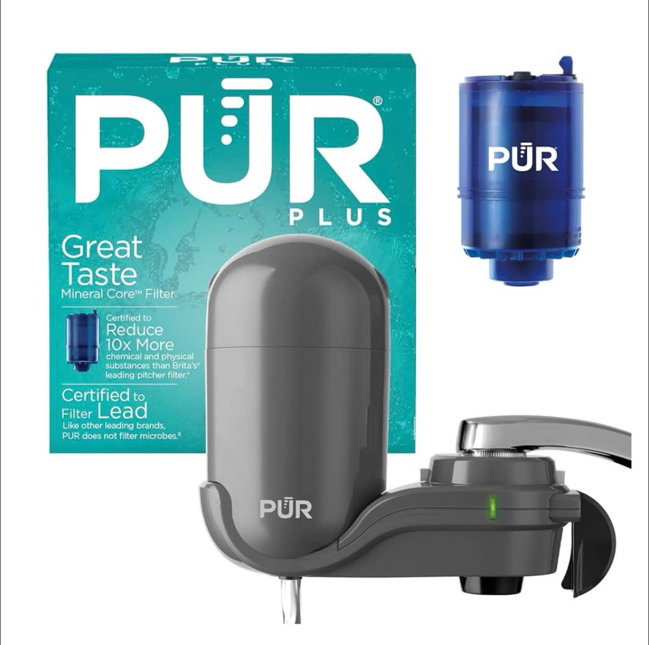 PUR PLUS Vertical Faucet Mount Water Filtration System, Lead-Reducing Filter, Great-Tasting Water, Easy Install, Lasts 100 Gallons, Compatible with Sinks with External Aerators, Chrome