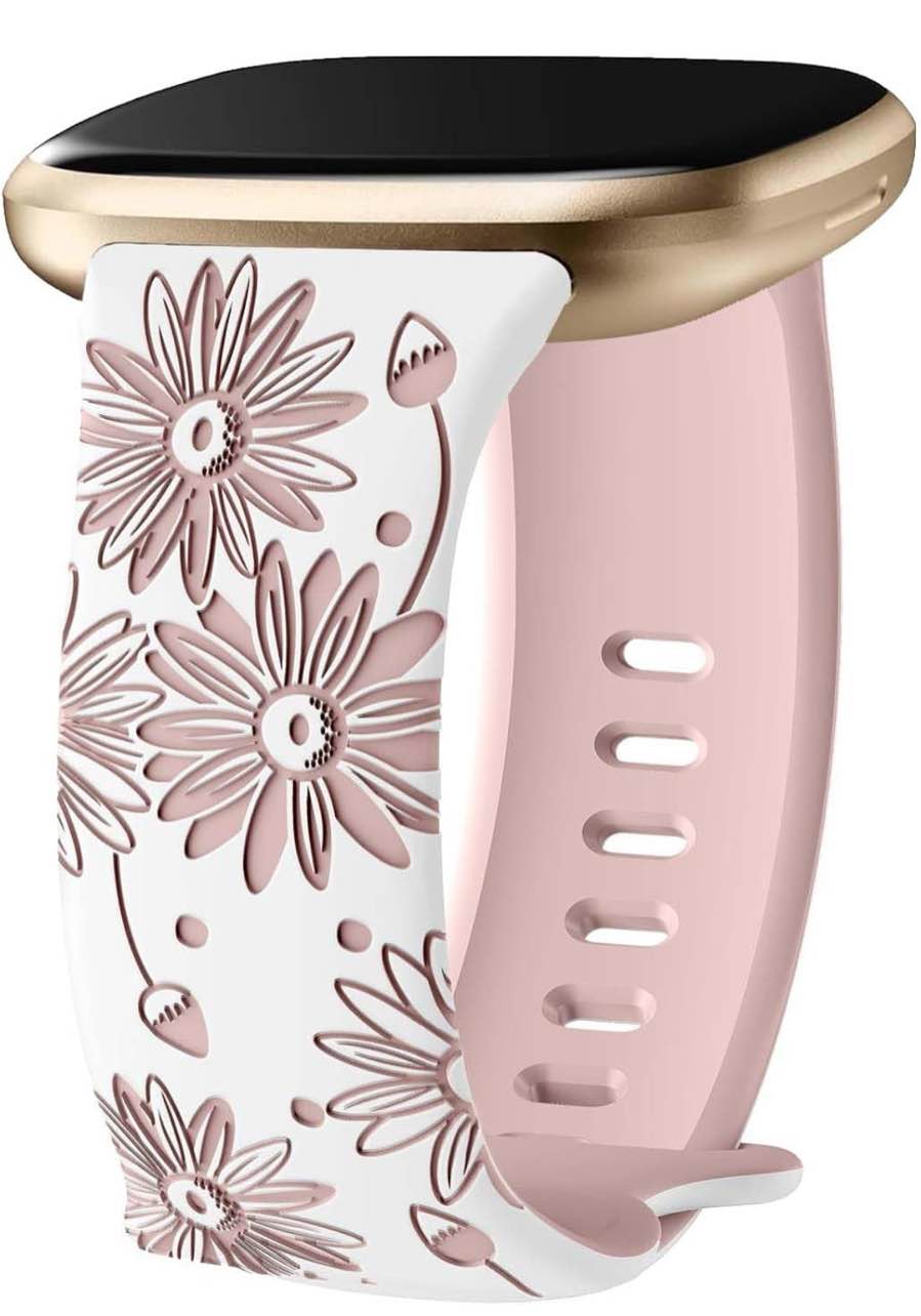 Two-Tone Floral Engraved Band Compatible with Fitbit Versa 3/4/ Sense 2 Bands, Cute Flower Soft Silicone Sport Strap Bracelet Wrist Band for Fitbit Sense/Versa 3/4 Women Men 