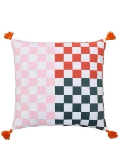 Decorative Checkered Throw Pillow with Tassels, Pink Red Green White, 14 x 14 inches