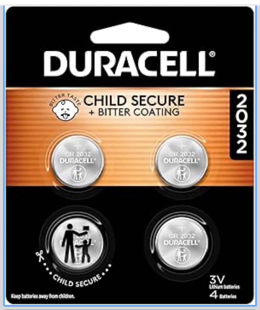 Duracell 2032 Lithium Battery. 4 Count Pack. Child Safety Features. Compatible with Apple AirTag, Key Fob, and other devices. CR2032 3V Cell. 2032 Battery, Lithium Coin