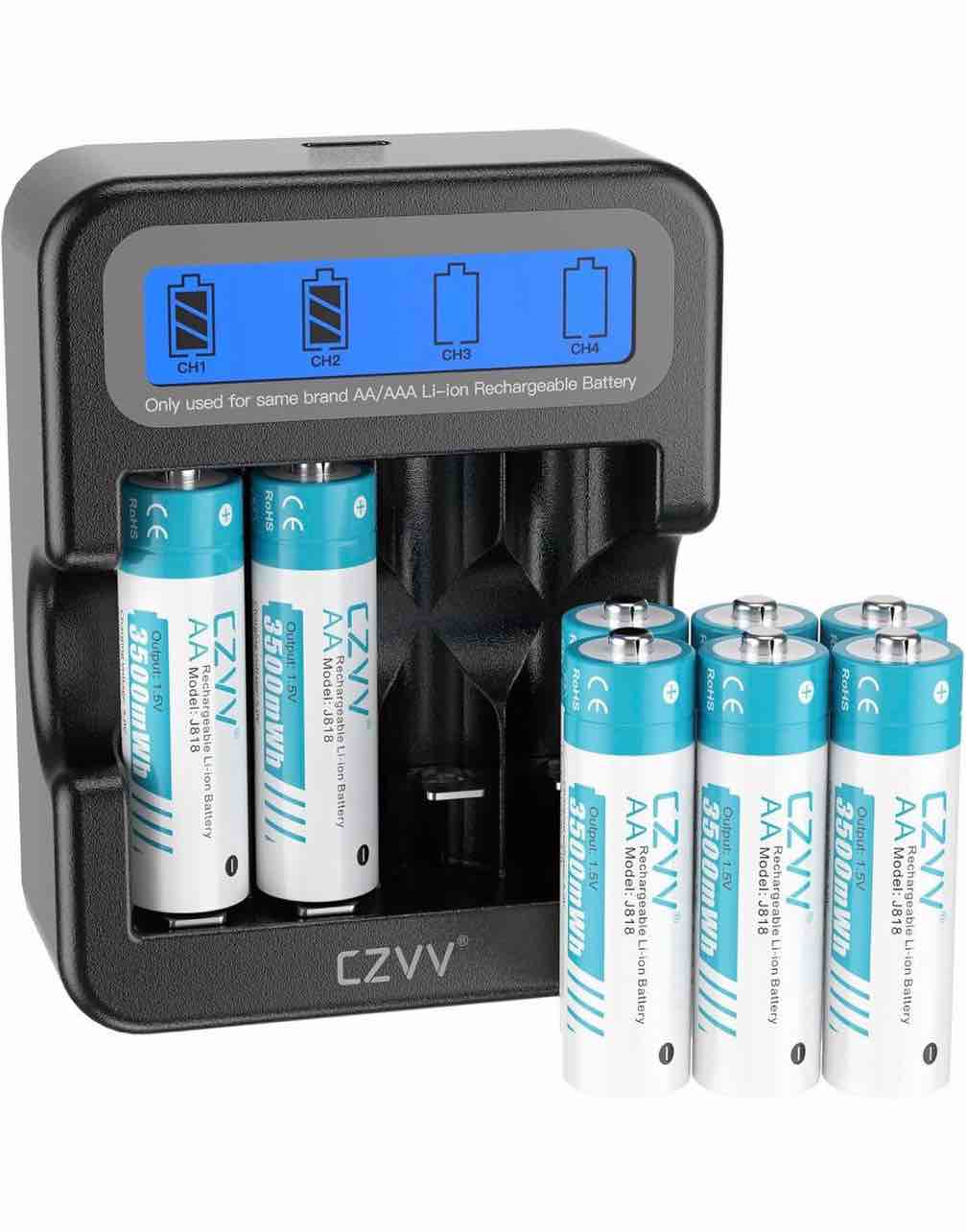 Lithium Rechargeable AA 1.5V Camera Batteries with 2.5'' LCD Fast Black Charger Combo, 8 Pack Large Capacity 3500mWh Dual A Long-Lasting 3.0A Output for Home & Industrial Devices