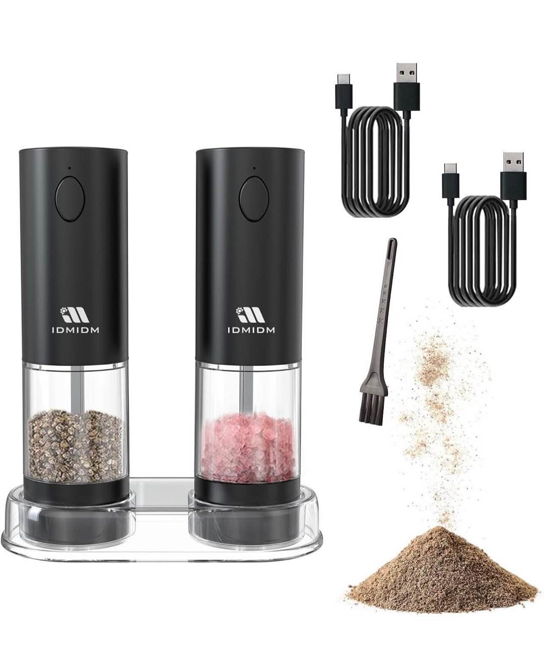 Electric Salt and Pepper Grinder Set Rechargeable Salt and Pepper Mills with Storage Base, Adjustable Coarseness, One Hand Operation Black(2 Pack)