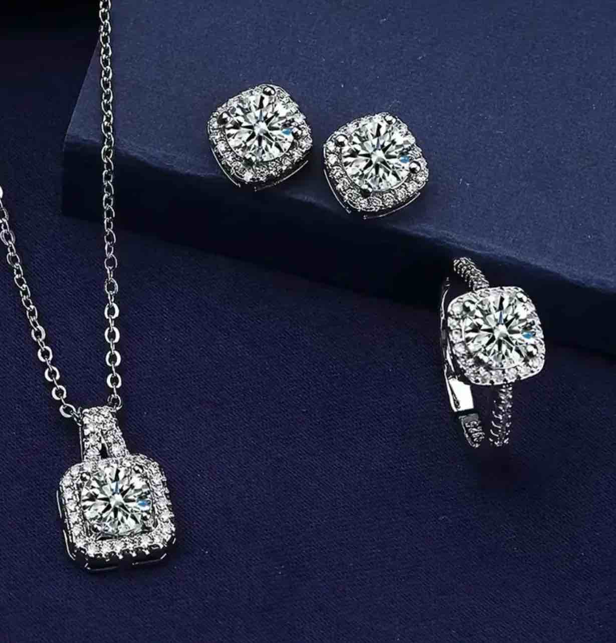 Elegant 925 silver plated sapphire necklace, earrings and ring size 7
