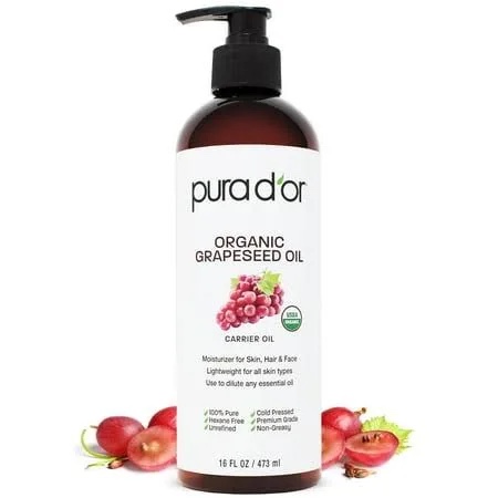 Condition photo showing New/Like New for PURA D'OR 16 Oz Organic Grapeseed Oil - 100% Pure & Natural USDA Certified Cold Pressed Carrier Oil - Light & Silky, Unscented, Hexane Free Liquid Moisturizer - Face Skin & Hair - Men & Women
