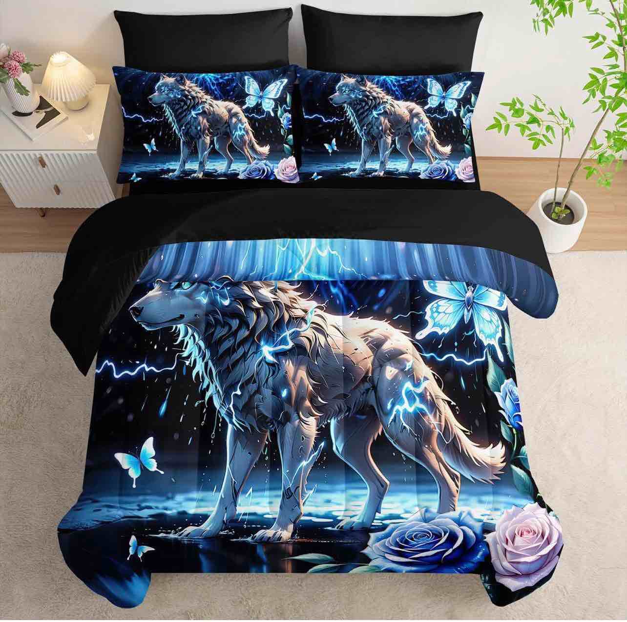 Condition photo showing New/Like New for Wolf Comforter Set Twin,7-Piece Soft Bed in a Bag for Kids Teen,Blue Lightning Animal Wolf Comforter & Fitted Sheet with Flat Sheet & 2 Pillowcases,2 Pillow Shams for Bedroom