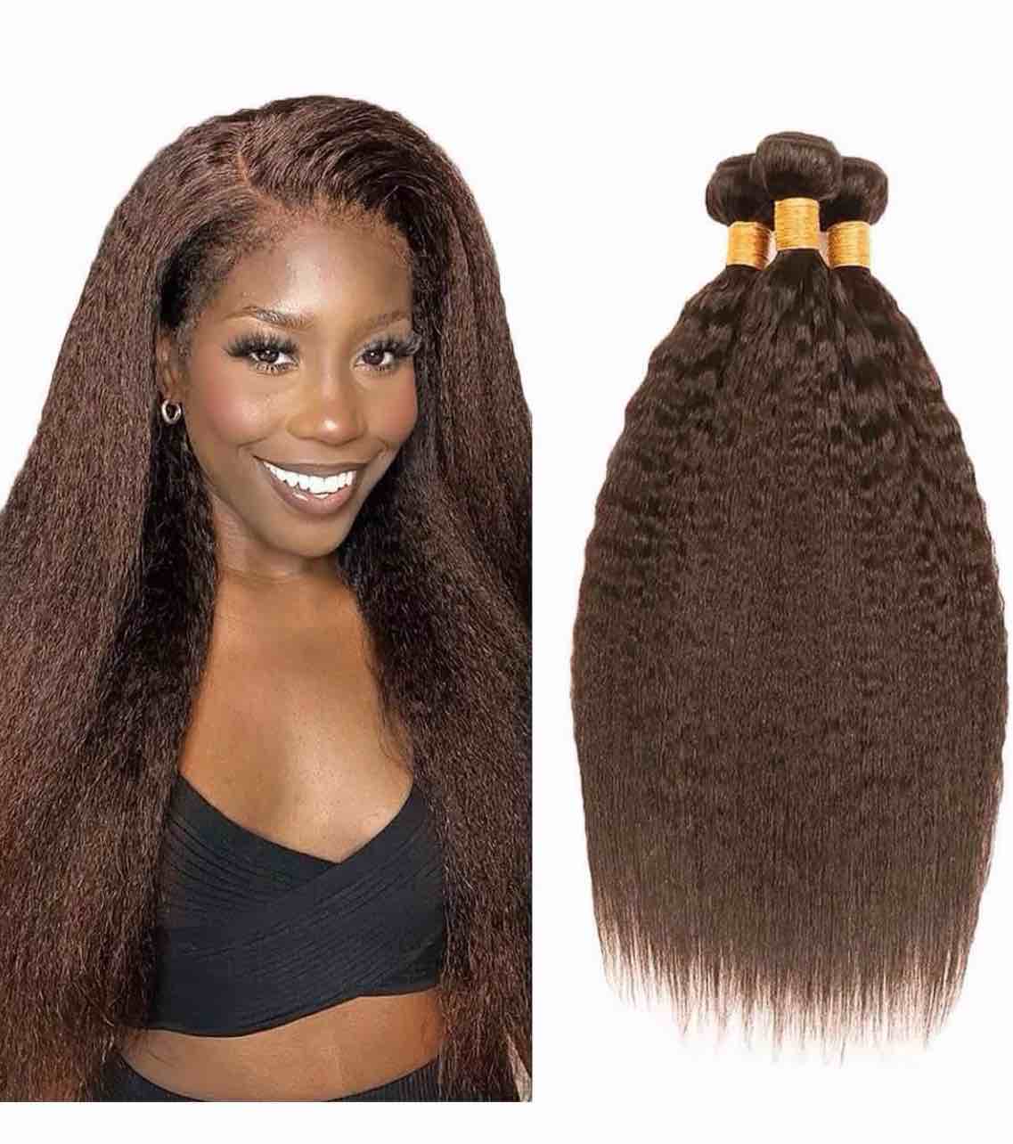 Condition photo showing New/Like New for Bundles Human Hair 12 14 16 Inch Chocolate Brown Yaki Wave Human Hair Bundles Brazilian Virgin Remy Medium Brown Soft and Silky Hair Extensions