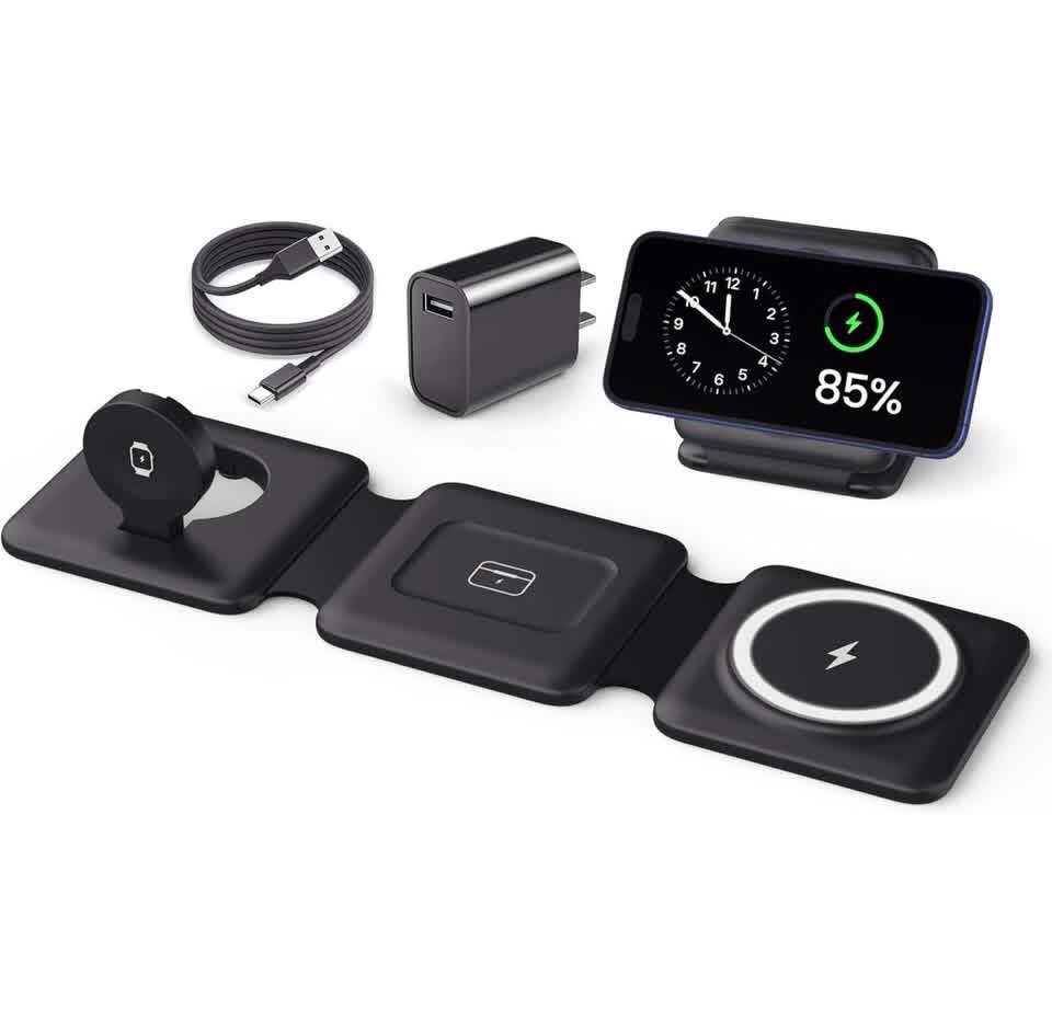 Magnetic Wireless Charger for iPhone: Fodable 3 in 1 Charging Station for Multiple Apple Devices - Travel Charging Pad Dock for Apple Watch iPhone 16 15 14 13 12 Pro Max Plus & Airpod