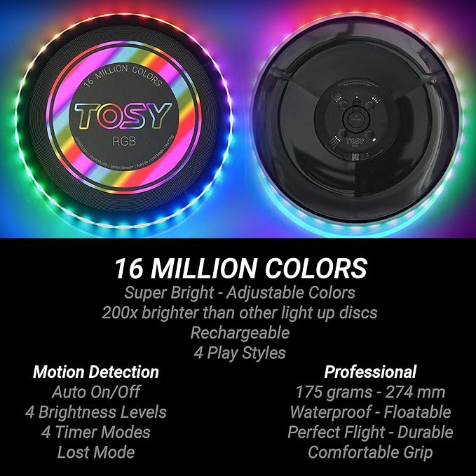 Condition photo showing New/Like New for TOSY Flying Disc - 108 RGB Multicolor or 36 Monocolor LEDs, Super Bright, Smart Modes, Christmas Stocking Stuffers Gift, Camping Toy for Kid/Teen/Adult, Auto Light Up, Rechargeable, Waterproof, 175g