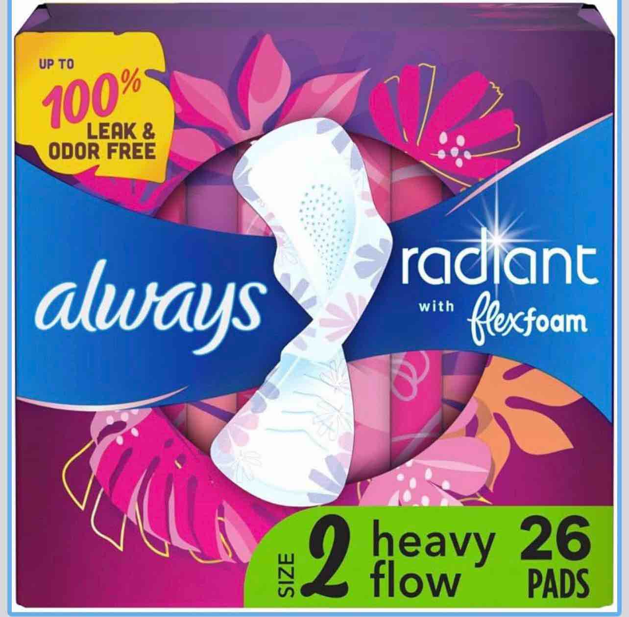 Radiant Feminine Pads for Women, Size 2 Heavy Flow Absorbency, with Flexfoam, with Wings, Scented, 26 Count