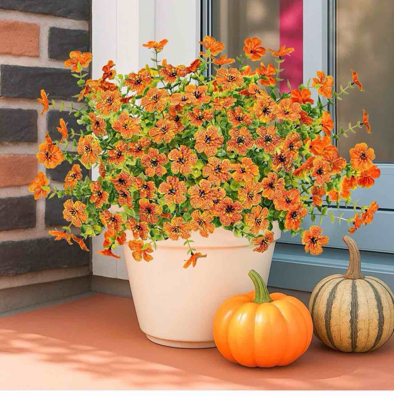 10 bundles artificial fall flowers outdoor uv resistant autumn fake flowers no fade faux plastic greenery shrub plants for wedding garden window box fireplace thanksgiving home decor, orange