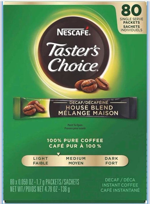 Nescafe Instant Coffee Packets, Decaf, Taster's Choice Light Roast, 1.7 g Singles (Pack of 80)