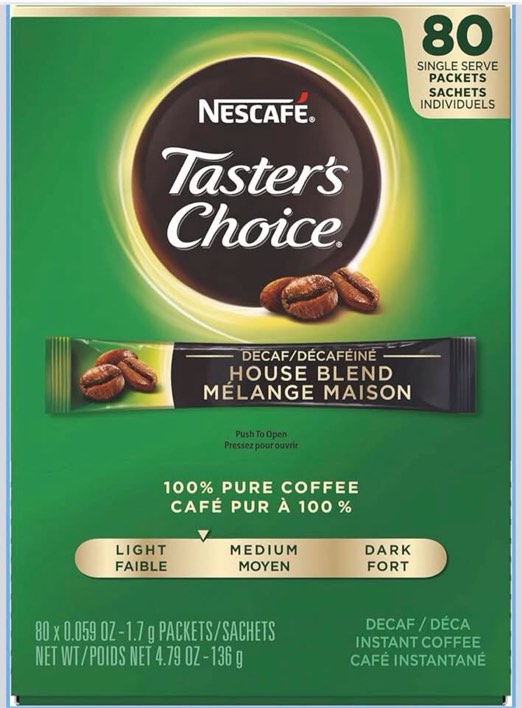 Nescafe Instant Coffee Packets, Decaf, Taster's Choice Light Roast, 1.7 g Singles (Pack of 80)