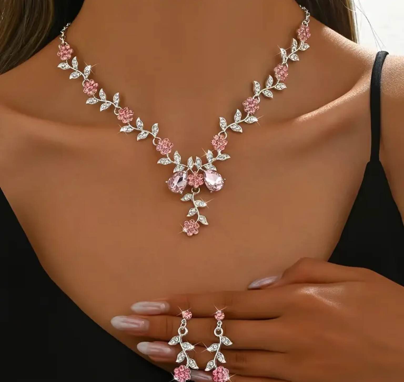 Elegant 925 Silver Planted  Pink Flower Earrings and Necklace Set