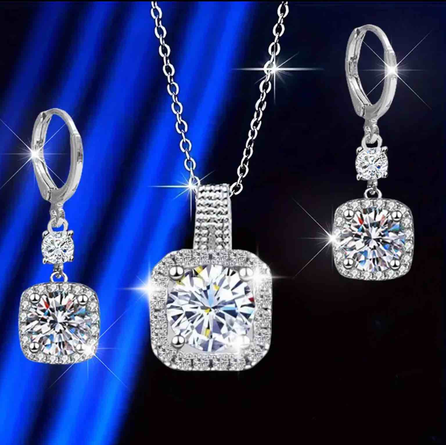 3pcs Elegant Luxurious 925 Silver Plated Square Necklace and Earrings Set 