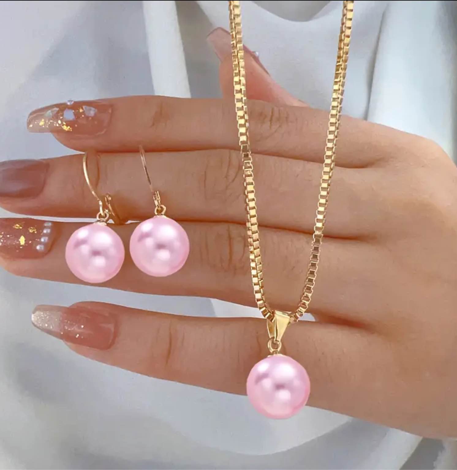 Gorgeous 925 Silver 18K Gold Plated Pink Pearl Jewelry Set