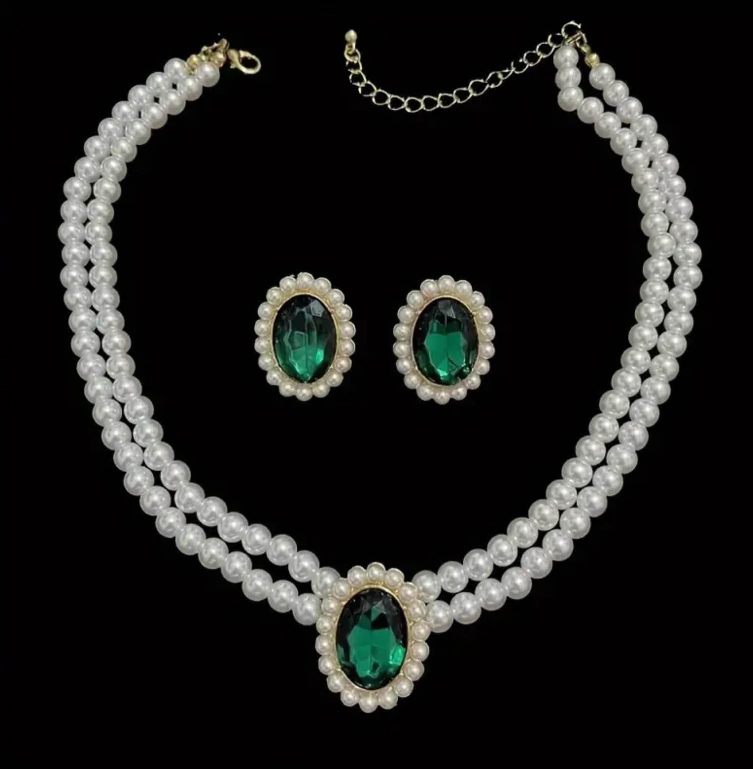 French-Style Emerald Green Elegant Bohemian Double Strand Choker And Earrings 
