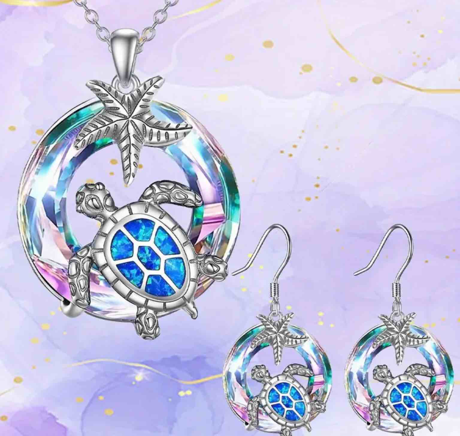 Gorgeous 925 Silver Plated Exquisite Sea Turtle Starfish Necklace and Earrings Set 