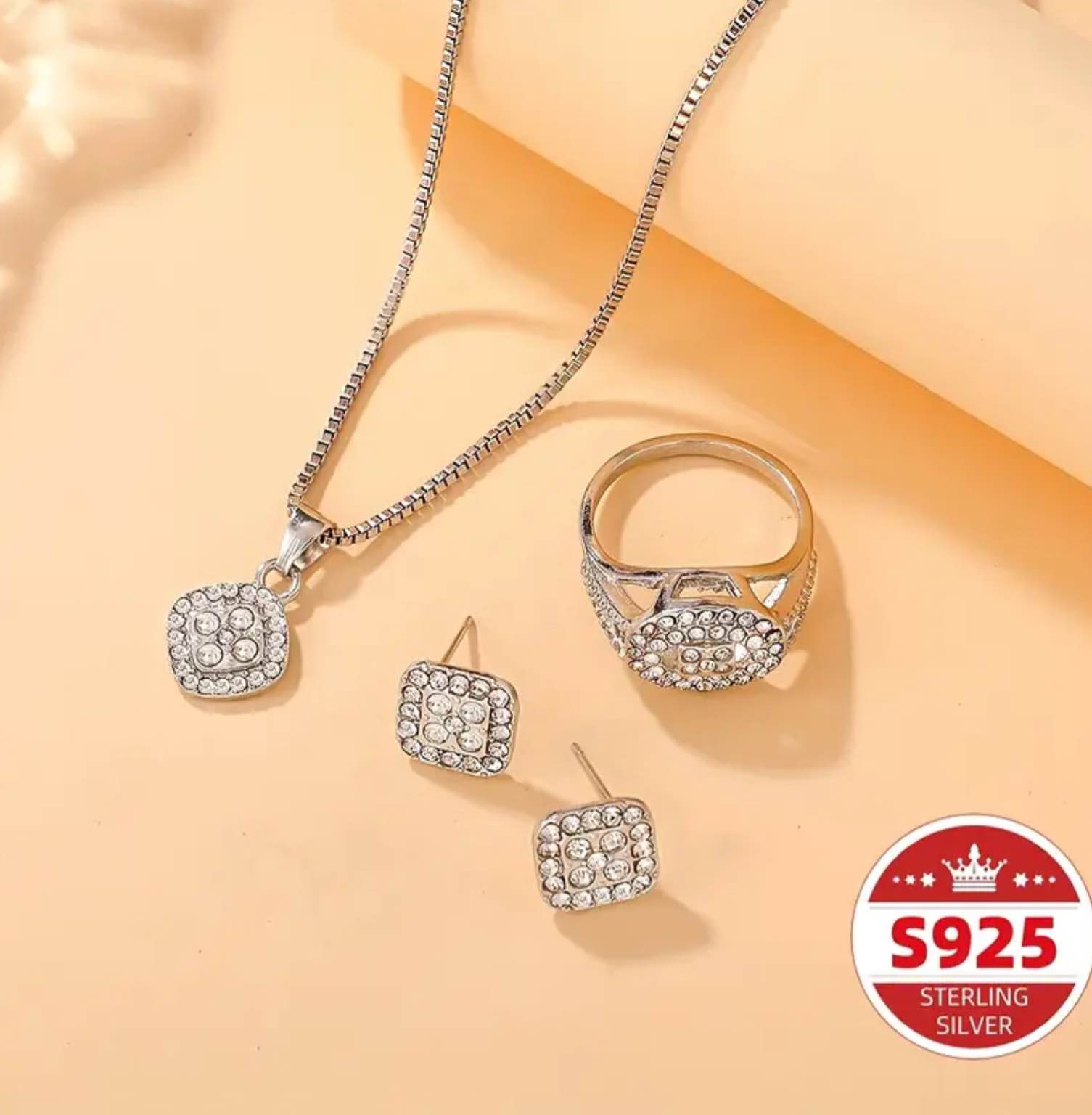 4pcs Elegant S925 Sterling Silver Necklace, Earrings, and Ring Size 8
