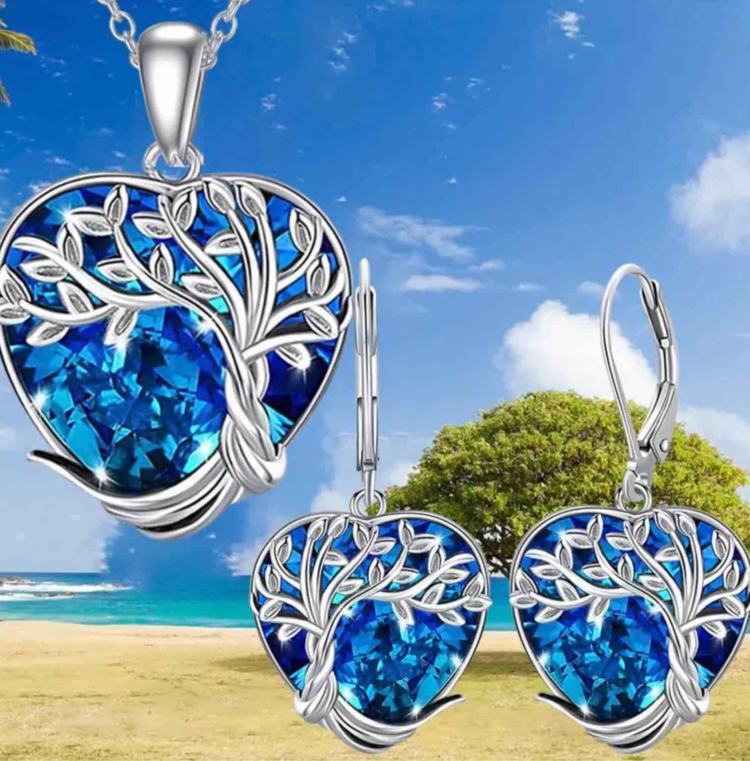 Gorgeous 925 Silver plated Family Tree of Life Blue Pendant Necklace & Earrings set